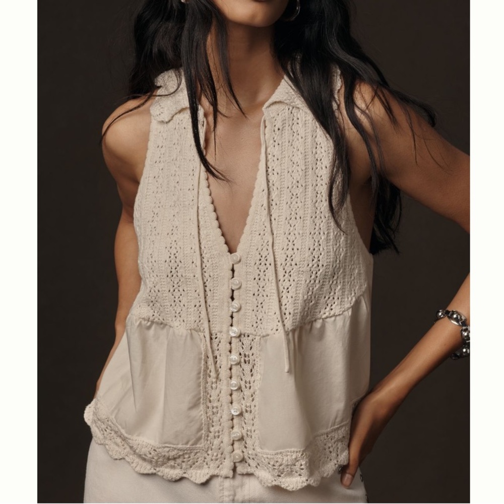 🟤NWT ANTHROPOLOGIE V-Neck Pointelle Knit
Tank Top in Ivory XXS